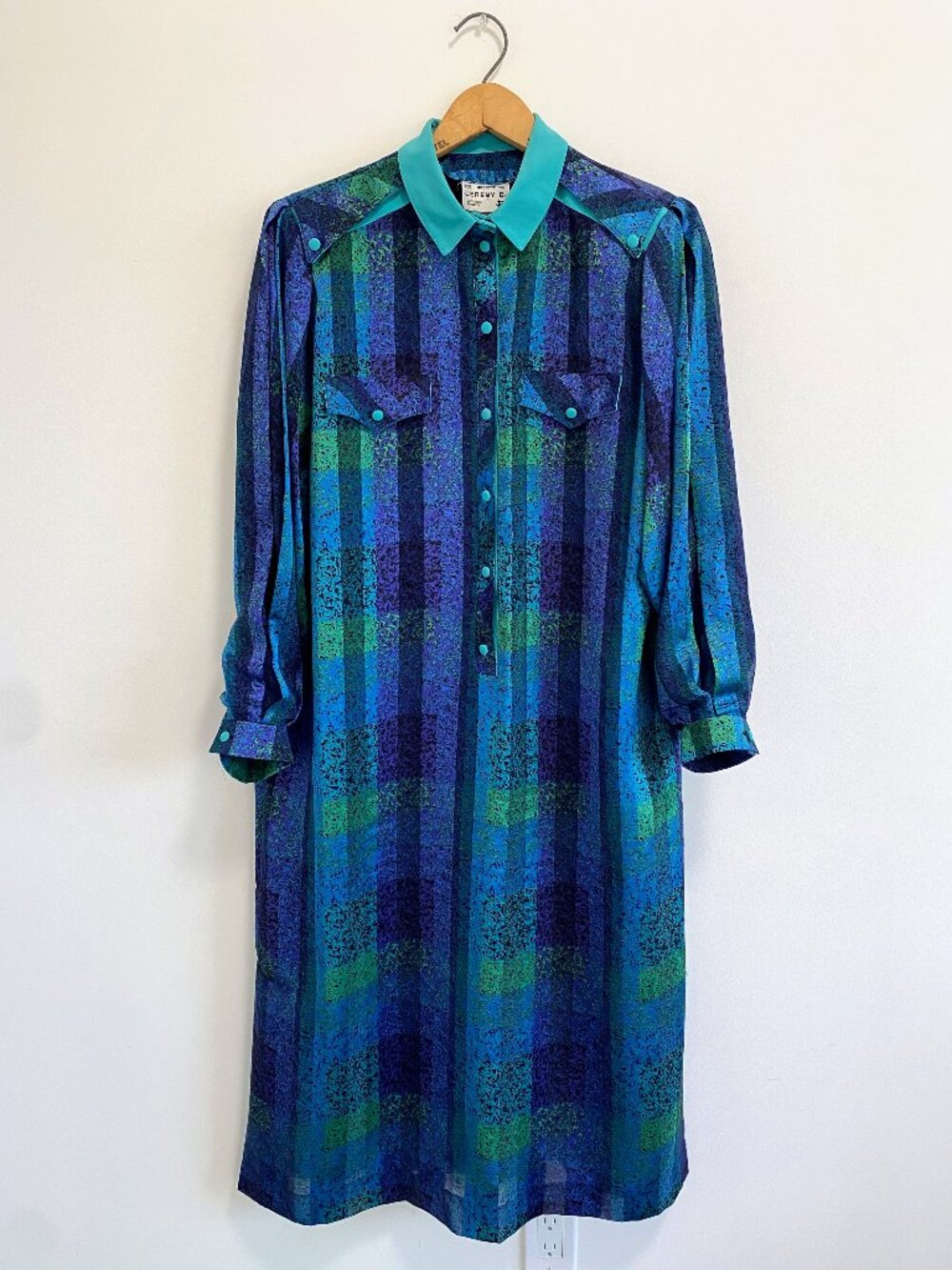 Vintage Satin Blue + Turquoise Button Up House Dress / 80s / Made in Canada - Picture 3 of 15